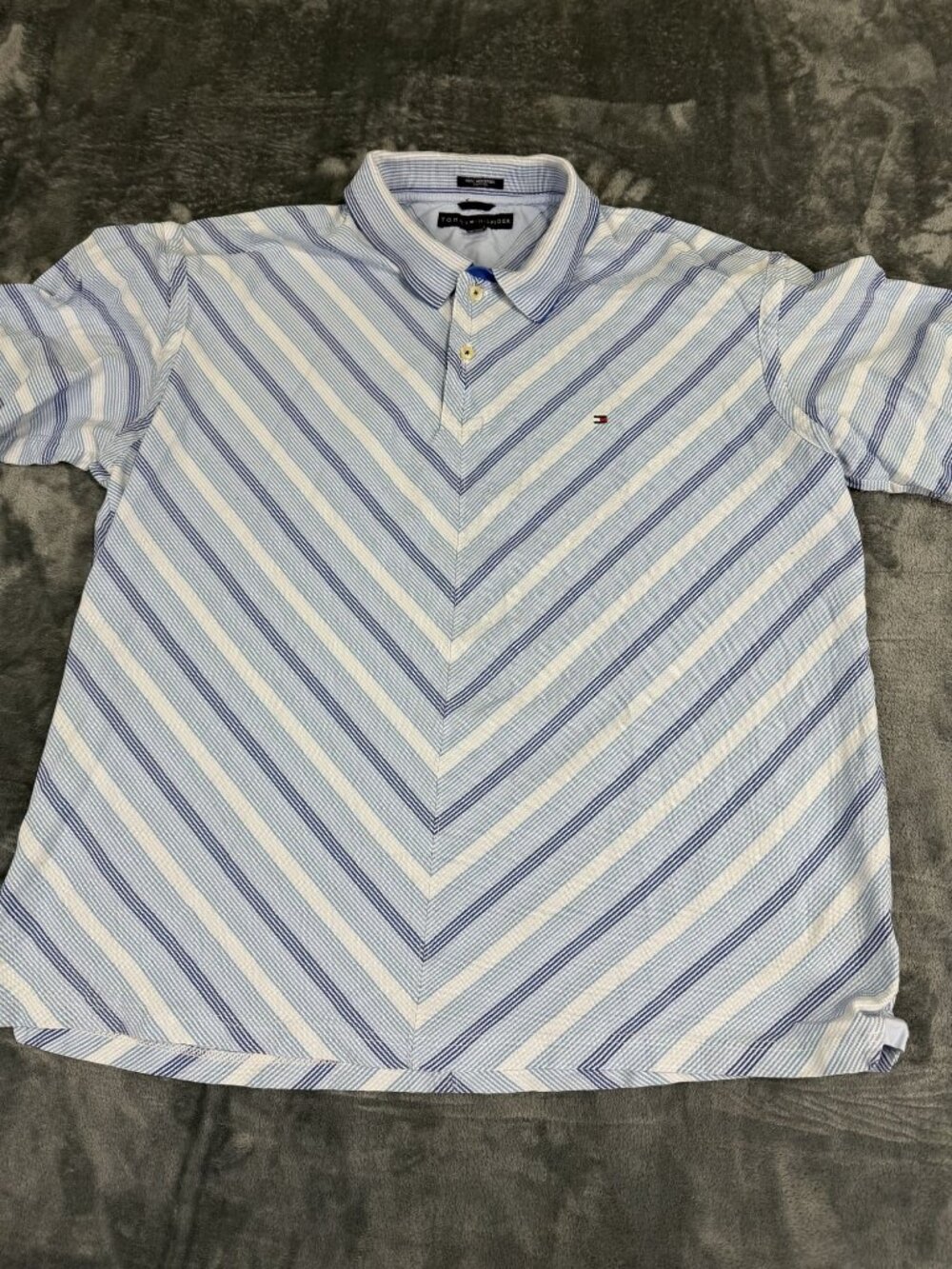 Tommy Hilfiger Mens XXL Blue & White Striped Short Sleeve Polo Shirt